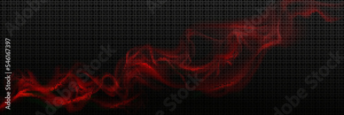 Red smoke trail, realistic perfume smell, curve magic swirl effect. Mysterious twirl or spell trace, isolated shiny magician, wizard or fairy light wave on black background, 3d vector illustration
