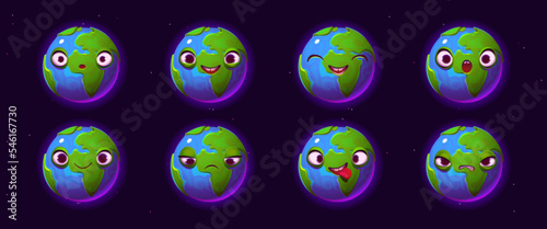 Cute Earth character, funny planet with different emotions. Emoji icons with blue and green planet happy, smile, laugh, sad, angry and shocked, vector cartoon illustration