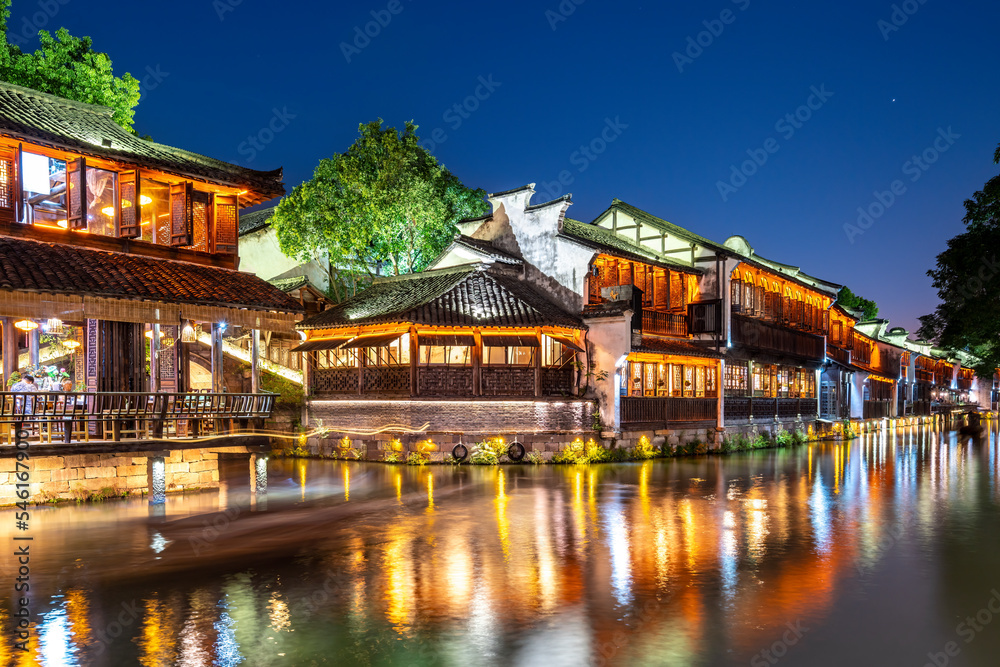 Night view of ancient houses in Wuzhen, China Night view of ancient houses in Wuzhen, China