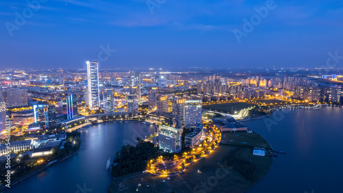 Aerial photography Suzhou city buildings skyline night view