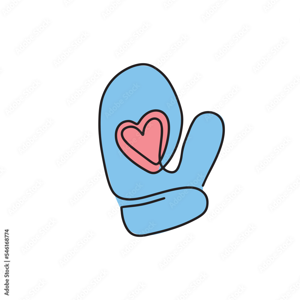 Continuous drawing of one line of winter mittens. The icon of a winter mitten with a heart. Christmas illustration in the style of light art. Minimalistic contour illustration for design. Continuous drawing of one line of winter mittens. The icon of a winter mitten with a heart. Christmas illustration in the style of light art. Minimalistic contour illustration for design.
