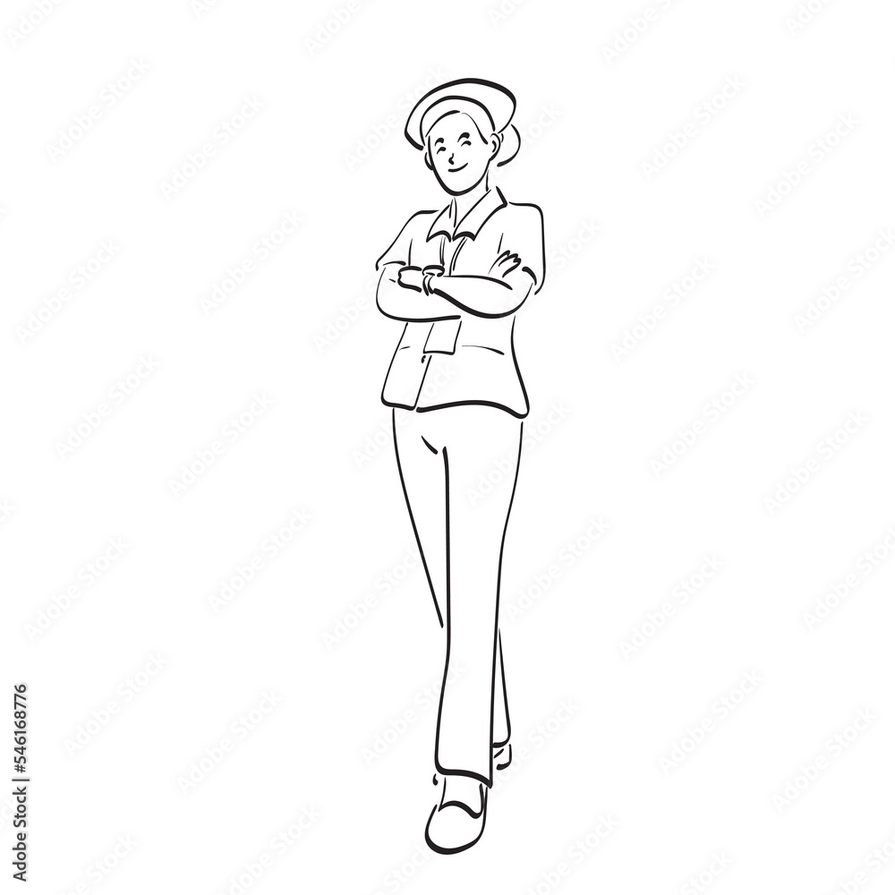 full length nurse standing with arm crossed illustration vector hand drawn isolated on white background line art. full length nurse standing with arm crossed illustration vector hand drawn isolated on white background line art.