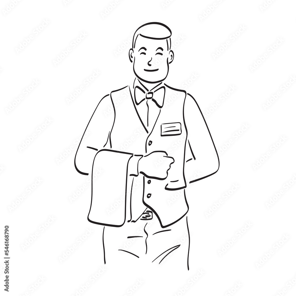 smiling male waiter in tuxedo and napkin illustration vector hand drawn isolated on white background line art. smiling male waiter in tuxedo and napkin illustration vector hand drawn isolated on white background line art.