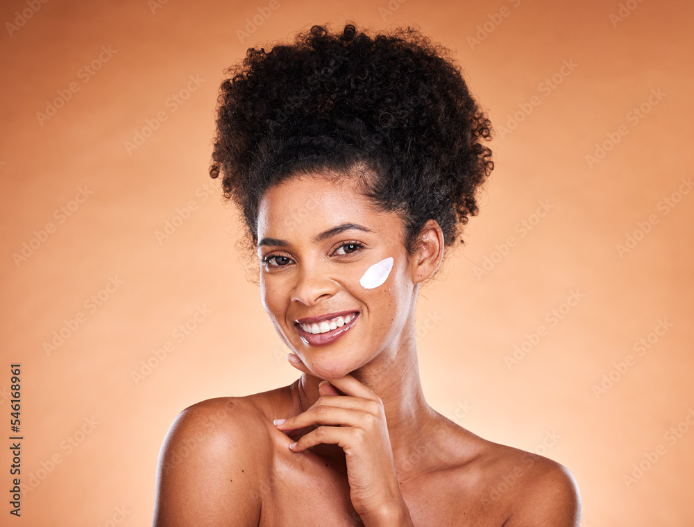 Skincare cream, face product and black woman with dermatology creme for healthcare, acne or melasma prevention. Facial cosmetics, beauty treatment glow or portrait model with moisturizing skin lotion Skincare cream, face product and black woman with dermatology creme for healthcare, acne or melasma prevention. Facial cosmetics, beauty treatment glow or portrait model with moisturizing skin lotion