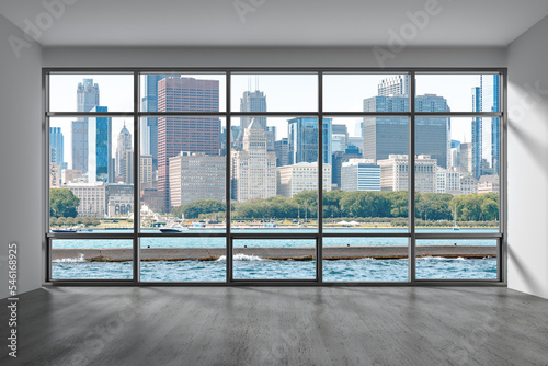 Downtown Chicago City Skyline Buildings from Window. Beautiful Expensive Real Estate. Epmty office room Interior Skyscrapers  View Lake Michigan waterfront  harbor. Cityscape. Day time. 3d rendering.