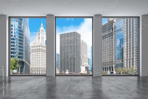 Downtown Chicago City Skyline Buildings from Window. Beautiful Expensive Real Estate. Epmty office room Interior Skyscrapers, River walk, bridge, waterfront view. Cityscape. Day time. 3d rendering.