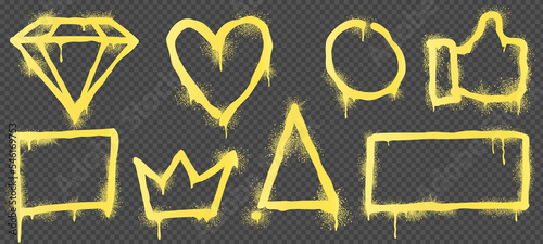 Set of graffiti spray pictures isolated on transparent background. Yellow paint diamond, heart, circle, like icon, crown, square, triangle and rectangle frames png. Realistic vector illustration