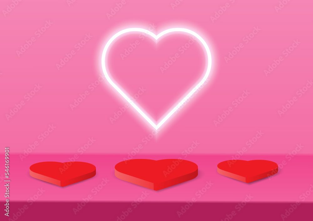 background podium 3d circle geometric shape  white neon light heart red pink .Valentine's Day, the presentation of the work in accordance with With a red heart, white neon