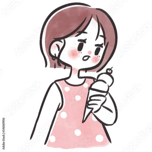 Female eating ice cream hand drawn illustration in minimalist cartoon design