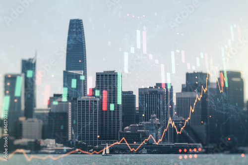 Abstract creative financial graph interface and world map on San Francisco skyline background, forex and investment concept. Multiexposure