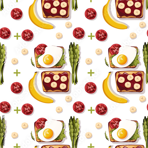 Seamless pattern with Toast with scramled egg and tomato. Sweet toast with bananas. Healthy eating, nutrition, cooking, breakfast, food concept. Vector illustration.