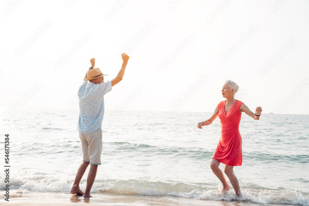 Happy senior couple using smart phone together on the beach having fun in a sunny day, activity after retirement in vacations and summer.