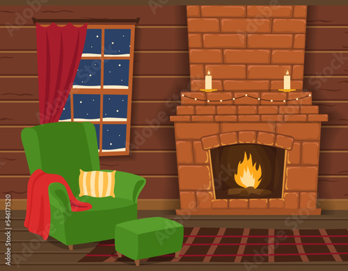 Chair by the fireplace. The interior of the living room with wooden walls. Cartoon style. Vector illustration.