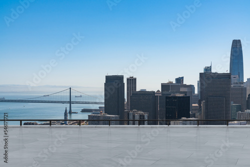 Skyscrapers Cityscape Downtown, San Francisco Skyline Buildings. Beautiful Real Estate. Day time. Empty rooftop View. Success concept.