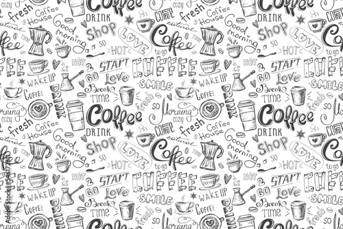 Seamless pattern with coffee. Various words, mugs and signs on coffee theme, on white background. Texture with doodle coffee symbols, decor, hand drawn wallpaper for web, print.