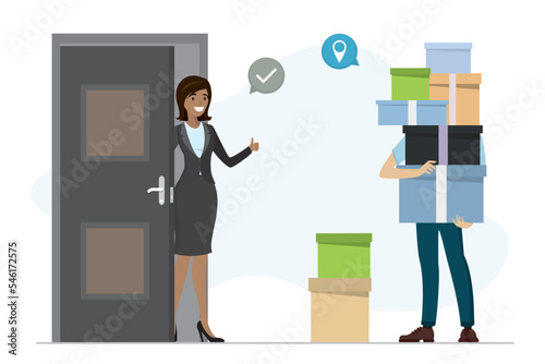 African american woman client near door and deliveryman with much cardboard parcels. Fast delivery service. Faceless courier holds packages and boxes. Cartoon characters.