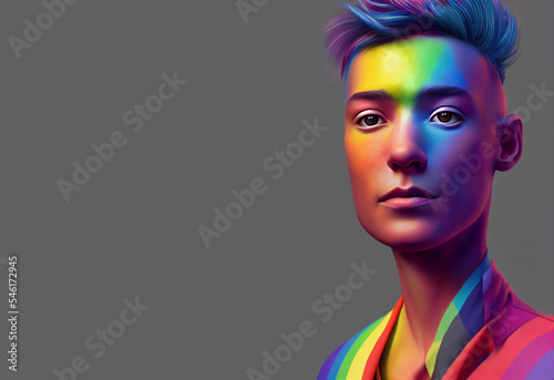 Portrait of a young man wearing the rainbow gay flag dress and rainbow makeup promoting LGBTQ  values with copy space