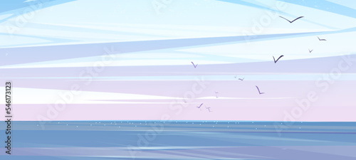 Early morning sky or heaven and water surface. Cartoon background, nature landscape with soft clouds above sea, ocean, lake, pond or river with flying birds, tranquil scenery view, Vector illustration