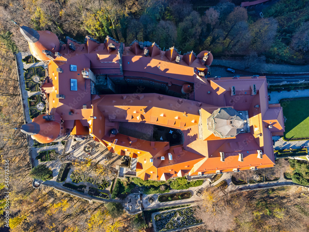 An aerial view of the Książ castle in Poland. Roof, trees, nature, gardens, tour, sightseeing.
