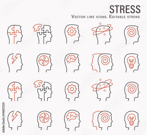 Stress icons, such as anxiety, migraine, worry, trouble and more. Editable stroke.
