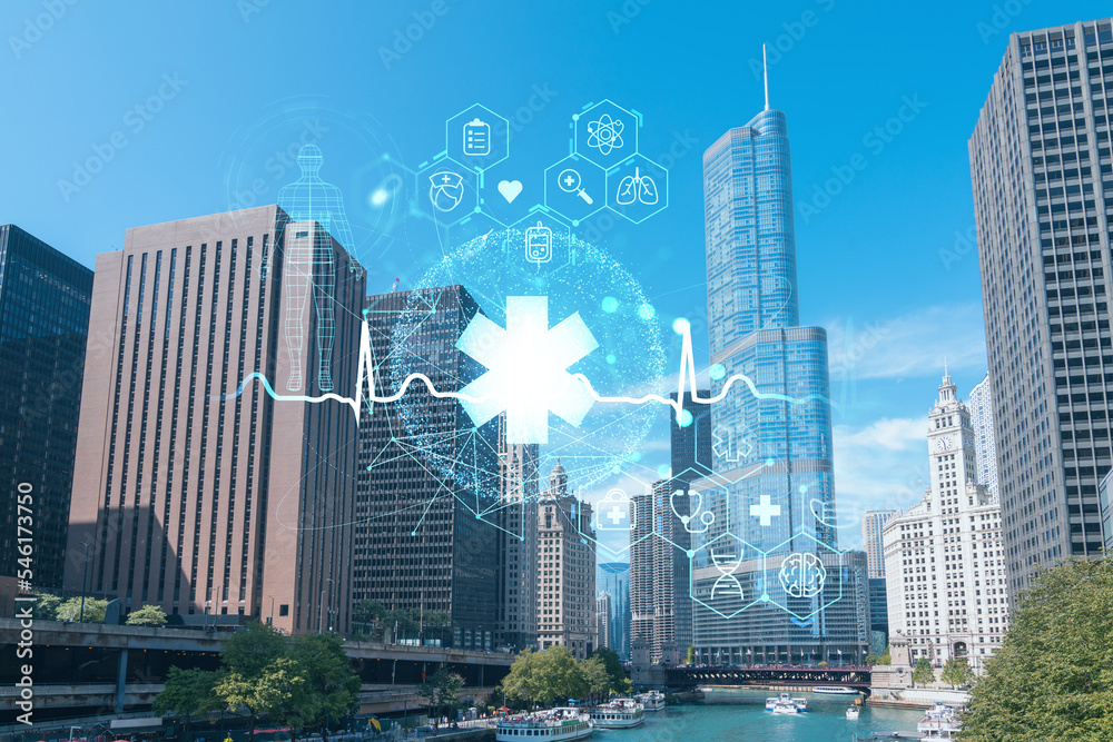 Fototapeta premium Panorama cityscape of Chicago downtown and Riverwalk, boardwalk with bridges at day time, Illinois, USA. Health care digital medicine hologram. The concept of treatment and disease prevention