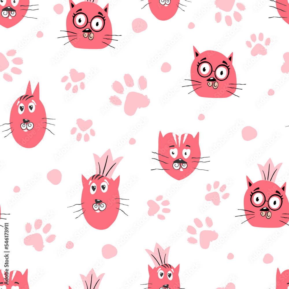 Funny cats seamless pattern on a pink background. Children print for fabric, packaging. Vector illustration. 