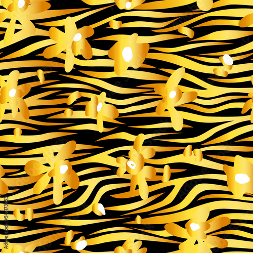 Golden zebra seamless pattern with abstract flowers. For printing on fabric and paper. Vector.