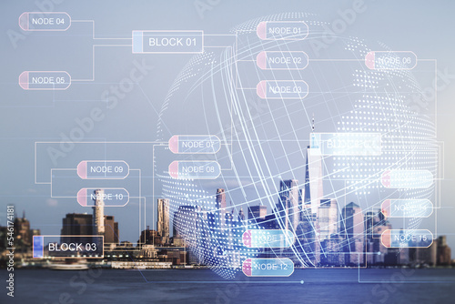 Multi exposure of abstract graphic coding sketch and world map on Manhattan cityscape background, big data and networking concept