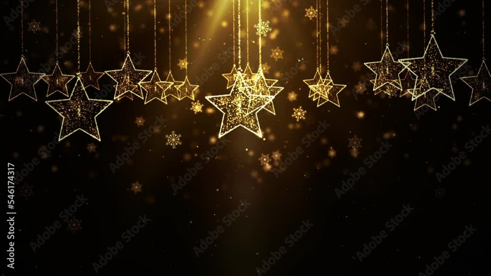 Gold Background Merry Christmas Concept Greeting Video Card Gifts. Christmas Star Shape  with Shining Light With Particles, Falling Snowflakes, Seamless Loops Animation 4k