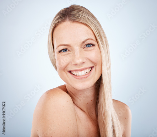 Skincare  beauty and face of a woman model with happiness about cosmetic and skin dermatology. Portrait of happy  health and body care of a female natural facial  anti aging and collagen treatment
