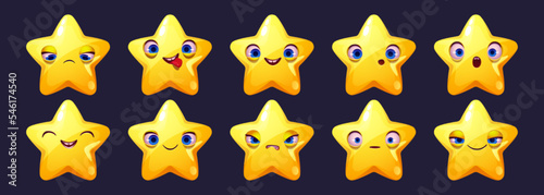 Cute star character face emoji set, cartoon ui game comic object happy, sad, surprised wow, show tongue and angry. Funny space, galaxy, universe personage, kawaii yellow twinkle Vector illustration