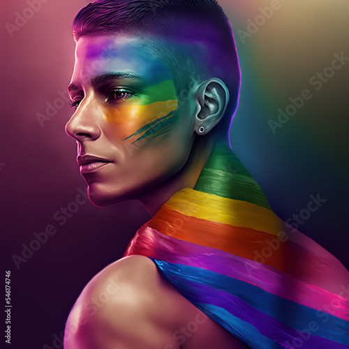 Portrait of a young man wearing the rainbow gay flag dress and rainbow makeup promoting LGBTQ+ values