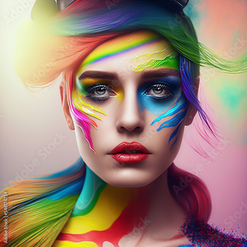 Portrait of a young woman with rainbow makeup promoting LGBTQ+ values, 3D Illustration