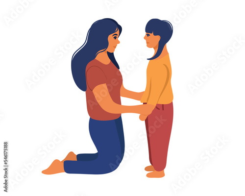 
Mom is on her knees, talking to her daughter, reassuring, showing love and care. Motherhood.
Vector illustration