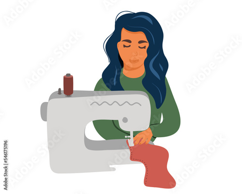A young, happy seamstress or dressmaker works on a sewing machine. Flat vector illustration