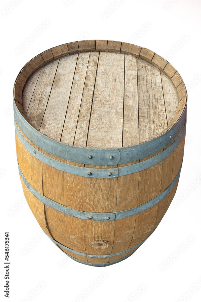 Old shabby wooden beer barrel with gray metal rings isolated on white background. side and top view.