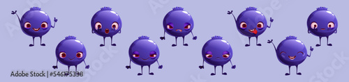 Cute blueberry character face emoji set. Cartoon garden berry comic game personage laugh, smile, happy, sad, wow face, show tongue and angry feelings. Funny healthy food emoticon, Vector illustration