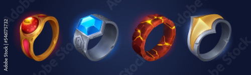 Magic rings and fantasy jewelry cartoon game props icons, user assets ui interface design elements. Wizard or witch jewels with precious gems, gold, ruby, lava and blue crystal, Vector illustration