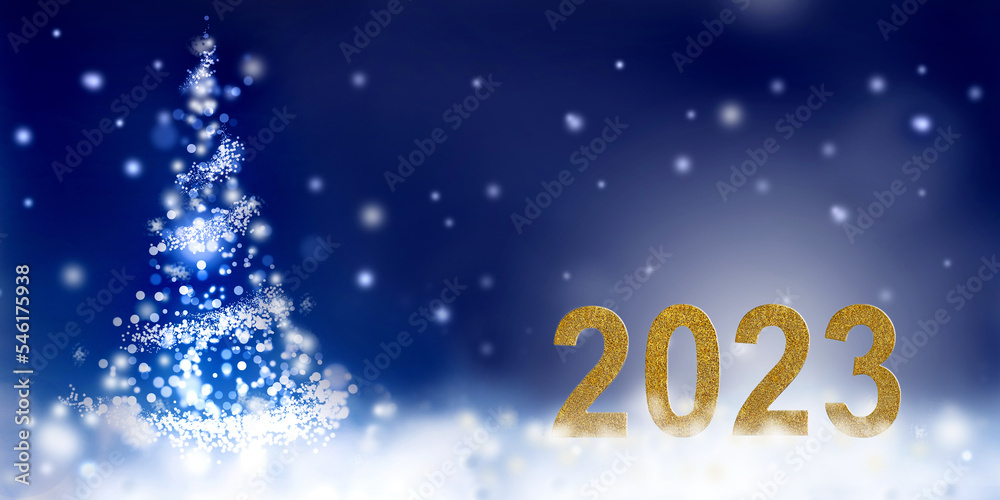 2023 new year golden year with abstract christmas tree on blue background 2023 new year golden year with abstract christmas tree on blue background