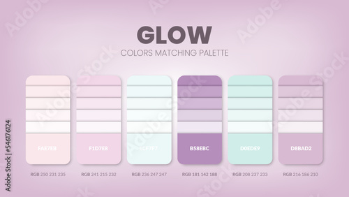 Color palette in a Glow colour theme collections. Color scheme or colors chart template. Color combination set of RGB, HSL and HEX codes. Color swatch for artist, fashion, home design, or web design.