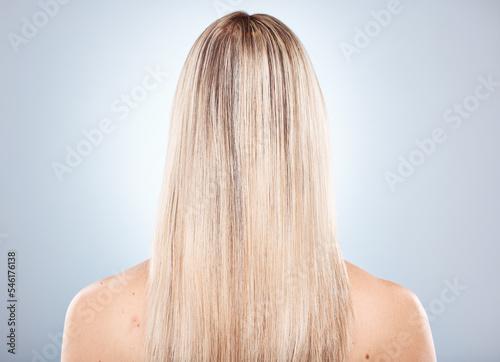 Woman, hair and back of a blonde woman with keratin treatment hairstyle or hair care. Beauty salon, blond hair and hair style or haircare of a lady with healthy, beauty and long healthy hair
