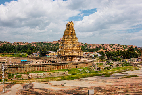 Virupaksha Temple Gopuram from Hemakuta Hill in the Unesco World Heritage town Hampi in Karnataka