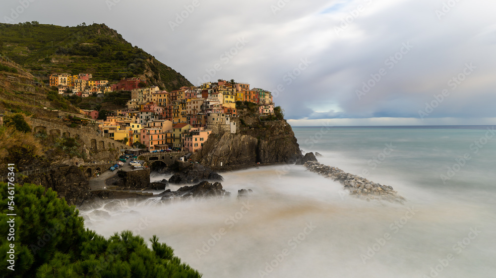 Storm in long exposure shot at Manarola in Cinque Terre in Italy on 2020