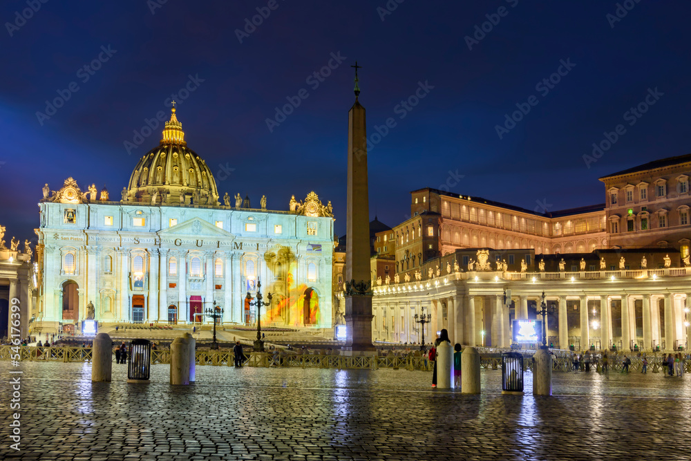 St. Peter's square in Vatican at night, center of Rome, Italy (translation 