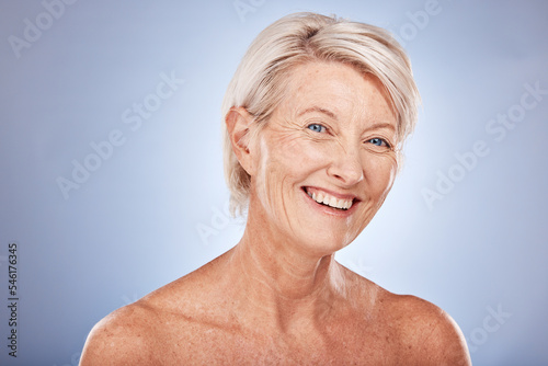 Portrait, skincare and antiaging with a mature woman in studio on a gray background for natural beauty care. Face, cosmetics and wellness with a senior female posing to promote a skin product
