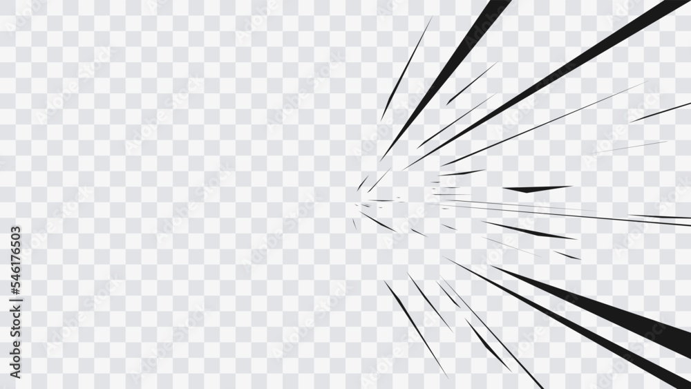 Obraz premium Abstract comic book flash explosion radial lines on transparent background. Vector illustration superhero design. Bright black light strip burst. Flash ray blast glow. Speed lines Manga frame. Anime