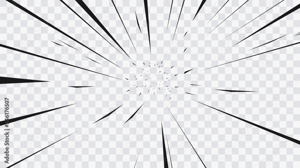 Obraz premium Abstract comic book flash explosion radial lines on transparent background. Vector illustration superhero design. Bright black light strip burst. Flash ray blast glow. Speed lines Manga frame. Anime