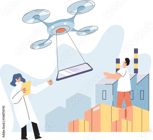 Smart logistics technology concept. Modern transportation and distribution. Copter delivery tracking. Technical science innovation. Scientists work with automation and development of delivery device