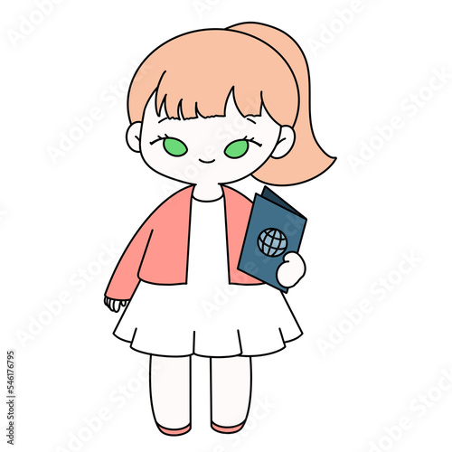 Traveling girl holding a photograph of the world color illustration