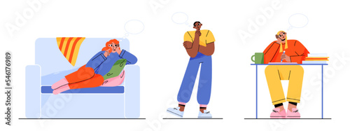 Dreaming people, smiling thoughtful young men and women work and relax at home or office workplace. Dreamy male and female characters with thought bubbles over head, Linear flat vector illustration